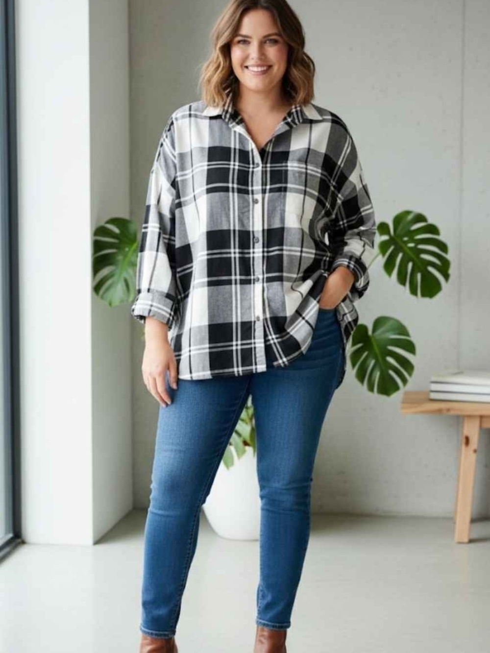 Old Navy Black & White Plaid Button-Down Shirt - Women